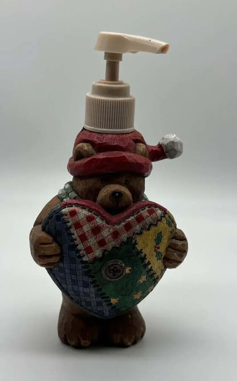 Vintage Christmas Teddy Bear Holding Patchwork Heart Soap or Lotion Dispenser